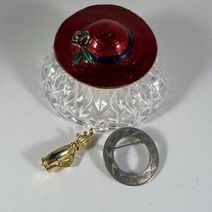 3 Brooches Set - Golf Bag, Silver Circle, And Red Hat With Rose Decoration - Vin